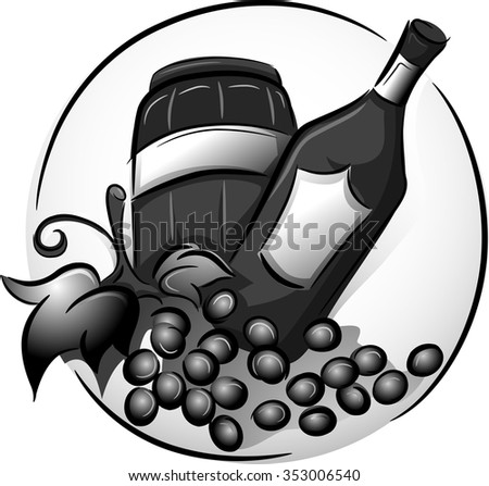 Black and White Illustration of a Wine Bottle and Wine Barrel Icons