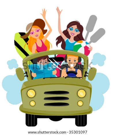 Friends on Jeep Going to the Beach - Vector