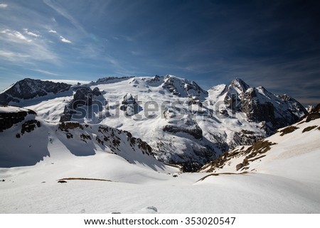 Winter view of snow covered mountains above Arabba from Porta Vescovo, Dolomites, Italy