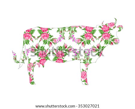 Silhouette of cow with color circle  bouquet of flowers (roses, chamomile and cornflowers) using Ukrainian embroidery elements. Green and pink tones