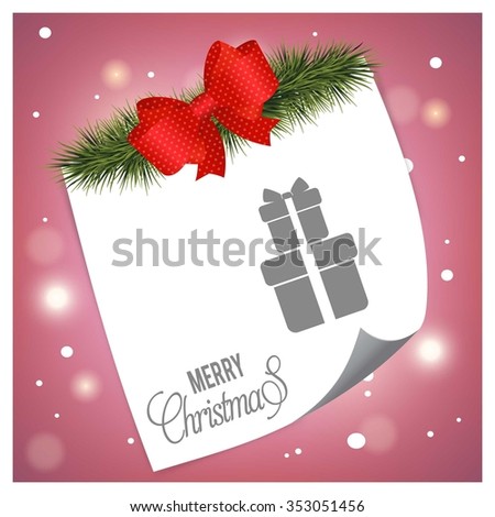 Merry Christmas celebration typography with gift box. Christmas Tree fir header white Page curl card on glowing background