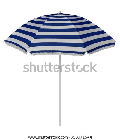 Blue striped beach umbrella isolated on white. Clipping path included. Royalty-Free Stock Photo #353071544