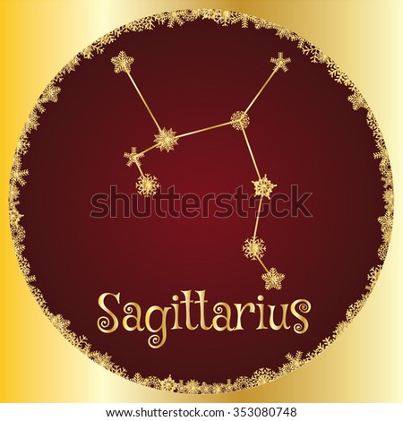 Sagittarius. Astrology sign. Vector zodiac. Gold snowflakes