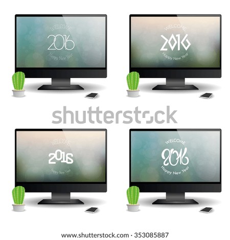 Set of computer screens with a background with text for new year celebrations