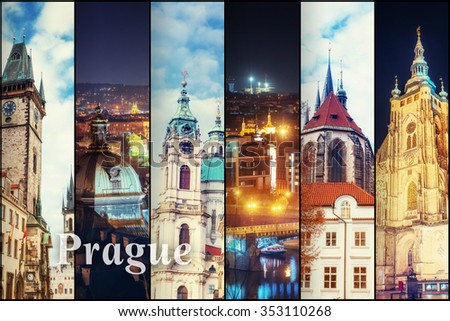Creative collage view of the Prague architectural monuments with vertical photo. Instagram tonic effect.