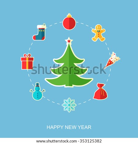 Christmas and New Year tree. Vector illustration. Flat design.
