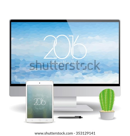 Isolated cellphone and a computer screen with new year screensavers