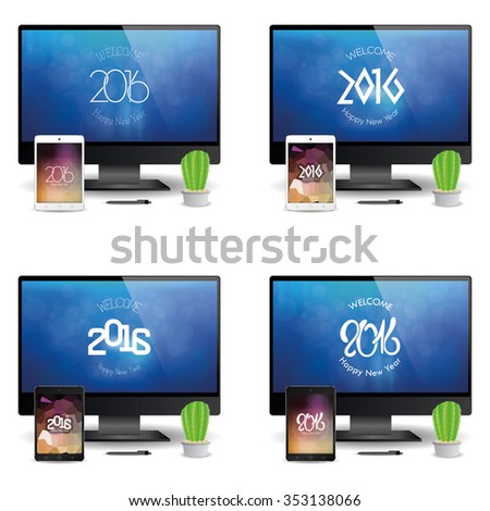 Set of cellphones and computer screens with new year screensavers
