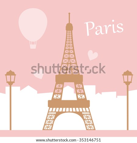 Paris illustration with Eiffel Tower and text, city silhouette in background.