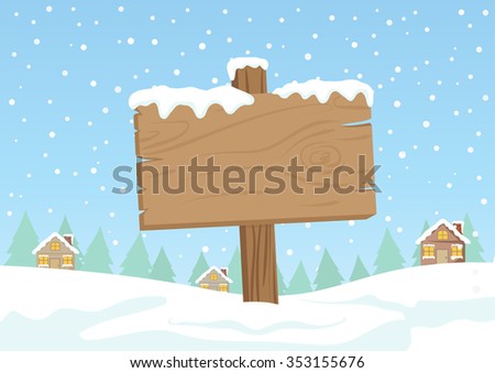 Cute Cartoon Clip Art - Blank wooden direction sign with white snow on village and  falling snow background 