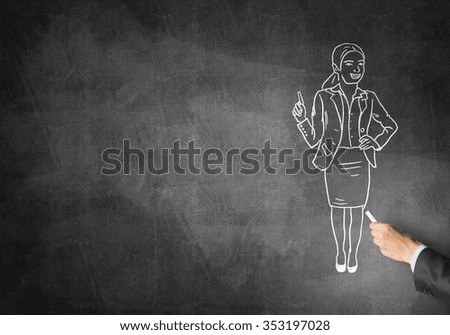Male hand drawing with chalk sketch of businesswoman on blackboard