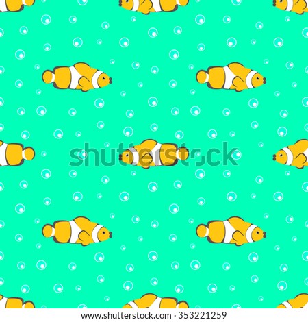 Seamless vector pattern with yellow fishes and bubbles on the green background