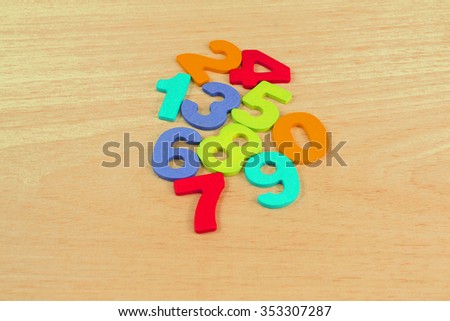 Colorful arabic numbers set isolated on wood background