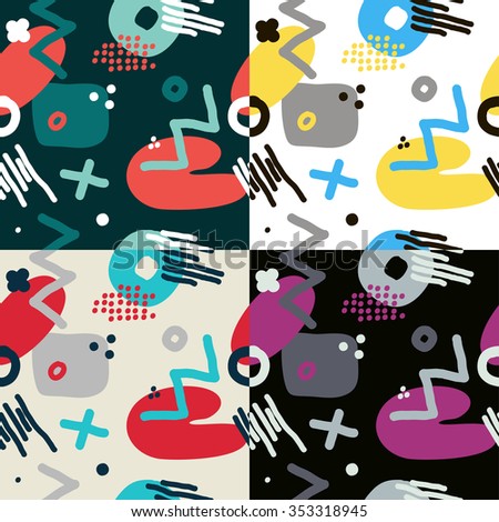 Modern hand draw colorful abstract seamless pattern set with geometrical shapes Vector illustration.