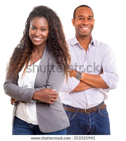 Young african couple smiling isolated over a white background Royalty-Free Stock Photo #353325941