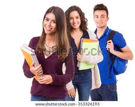 Young happy students posing over white background Royalty-Free Stock Photo #353326193
