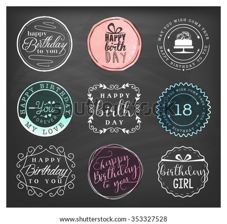 Happy Birthday Greeting Card Design Elements, Badges and Labels in Vintage Style