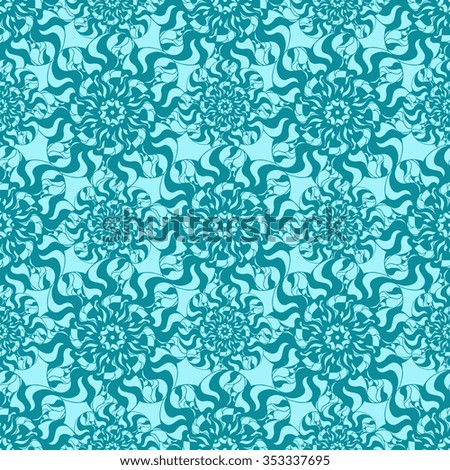 Seamless creative hand-drawn pattern of stylized flowers in light turquoise and blue-green colors. Vector illustration.