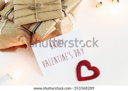 Stylish craft presents for special occasions, happy valentine's day text, holiday greeting card concept