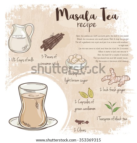 vector hand drawn illustration of masala tea recipe with list of ingredients
 Royalty-Free Stock Photo #353369315