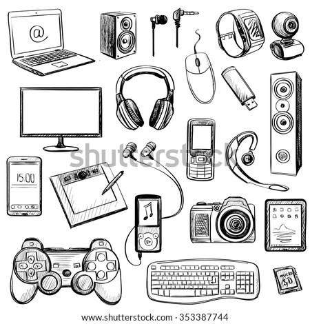 Set of hand drawn GADGET icons with notebook, phone, game pad, photo camera, tablet, pc, flash card, headphones, watches, computer, laptop, monitor, and other