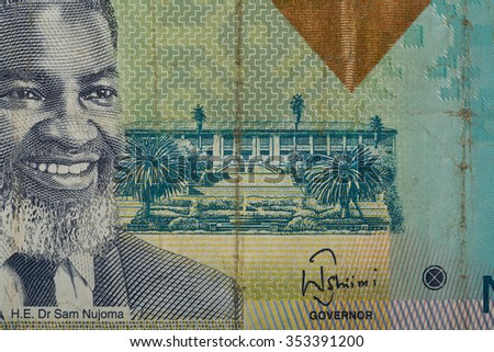 Detail of 10 Namibian dollars banknote. Namibian dollars is the national currency of Namibia