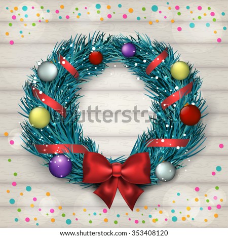 Christmas decoration wreath with colored balls and confetti. Vector.