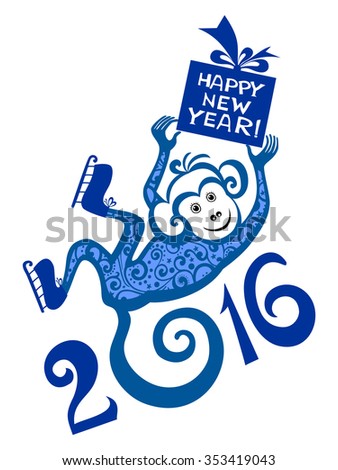Happy new year 2016. Year Of The Monkey. Celebration background with monkey, gift boxes and place for your text. vector illustration