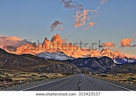 HDR Patagonia road at sunrise. Way to El Chalten (Argentina's Trekking Capital). High Dynamic range picture.