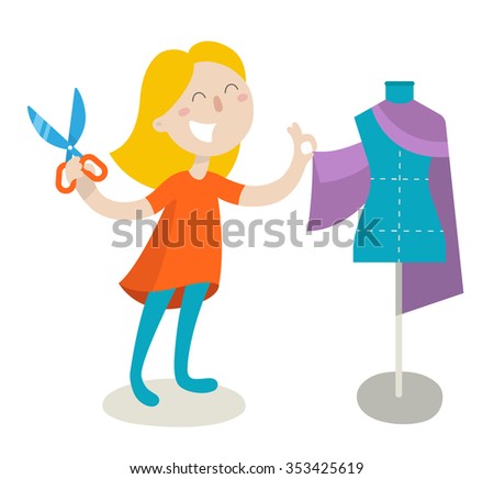 Happy girl dressmaker is working with fabric on mannequin. Vector illustration flat design isolated on white background. Fashion industry concept.