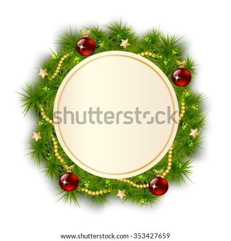 round card background with a Christmas wreath of fir branches decorated with toys
