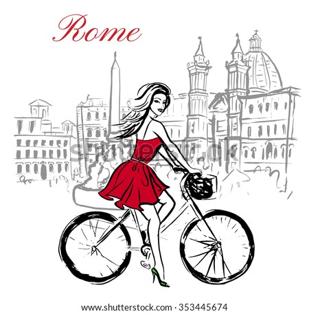 Artistic hand drawn sketch of woman driving bicycle on street in Rome, Italy