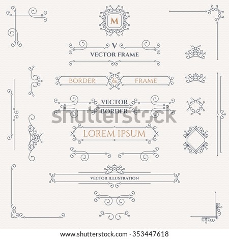 Set of decorative monograms, borders, frames, corners.  Design collection for  labels, invitations,  logos, banners, posters, badges, sign, stickers, cards. Graphic design page. 