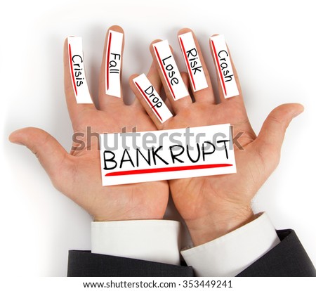 Photo of hands holding paper cards with BANKRUPT concept words