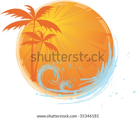 Round banner with palms and ocean's wave and water splash