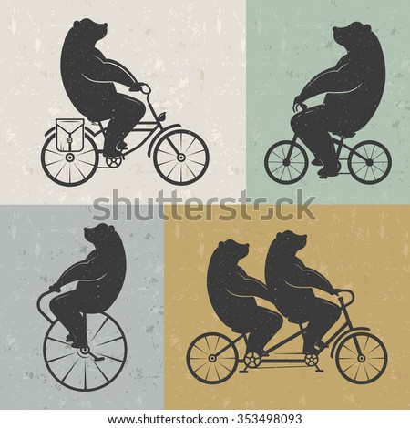 Vintage Illustration bear on a bike with Grunge effect. Funny bear ride a bicycle on a white background for posters and T-shirts