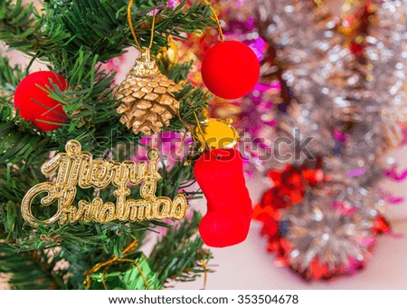 Christmas decorations in christmas tree. Christmas concept.