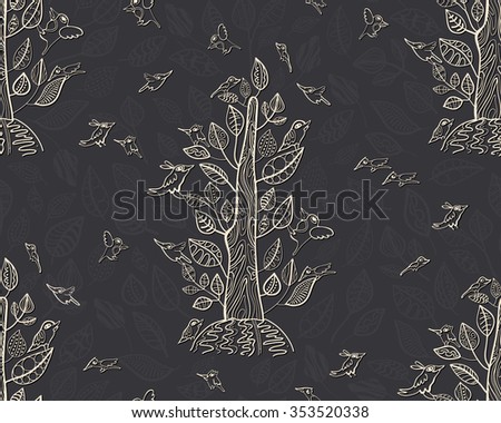 Sample seamless background with decorative trees, leaves and birds. Drawing by hand. For the convenience of editing the image details are separated by layers.