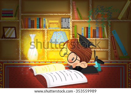 Illustration For Children: The Little Doctor is Reading and Thinking in the Study at Night. Realistic Fantastic Cartoon Style Artwork / Story / Scene / Wallpaper / Background / Card Design