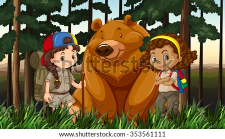 Girls and grizzly bear in the jungle illustration