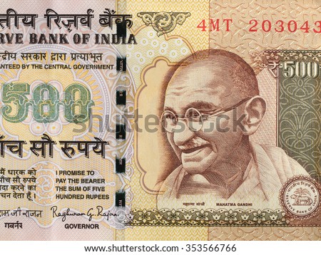 Indian currency 500 rupee banknote, Mahatma Gandhi, India money closeup Royalty-Free Stock Photo #353566766