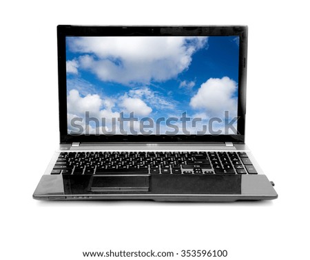 Cloud computing network concept. Notebook with cloud isolated on white