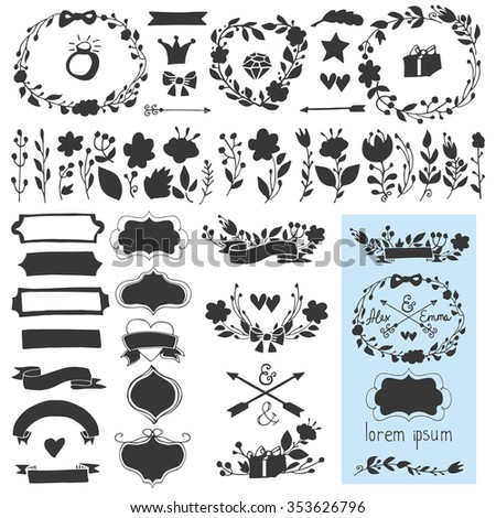 Colored Doodles flower,branches,arrow,ribbons silhouette.Vector decor elements set for hand sketched logo,design template,invitations,blog.Vintage wedding,Valentine day,holiday,birthday,Easter 