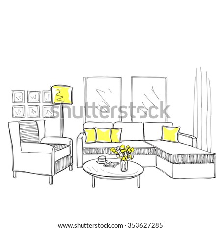 Modern interior room sketch. Hand drawn illustration.