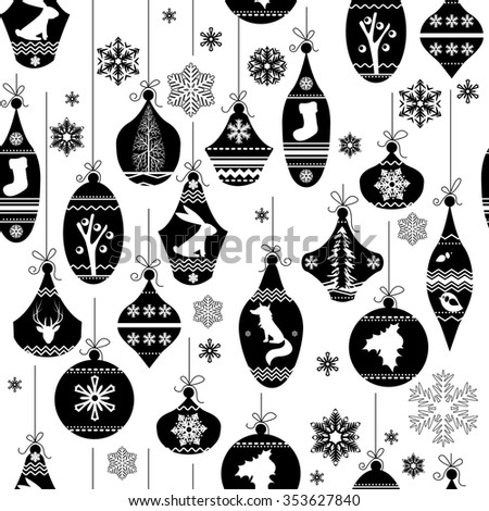 Seamless black and white pattern with traditional Christmas decoration. Monochrome endless texture for your design, announcements, greeting cards, fabrics, wallpapers, postcards, posters.