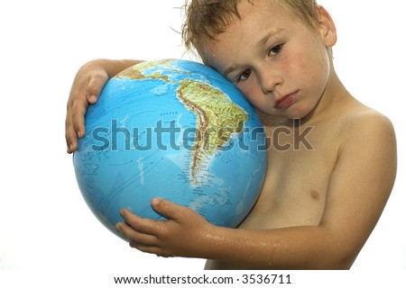 Stop the global warming! Picture of a sweating boy holding a globe, representing the rising temperature on our earth. He's got his whole life in front of him.