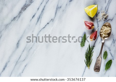 Herbs and spices selection (grey salt, garlic, rosemary, lemon) on marble texture. Background layout with free text space. Cooking concept. Top view.