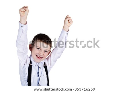 Excited Surprised  little boy holding his hands up with  isolated over white background.