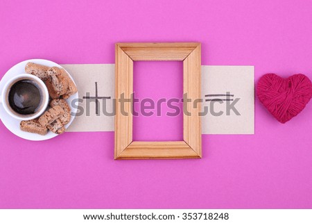 Love Formula. Morning joy. Photo frame and red hearts on pink background with coffee cup and cookies