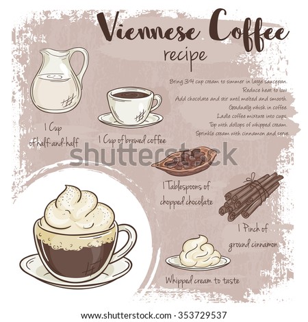 vector hand drawn illustration of viennese coffee recipe with list of ingredients 